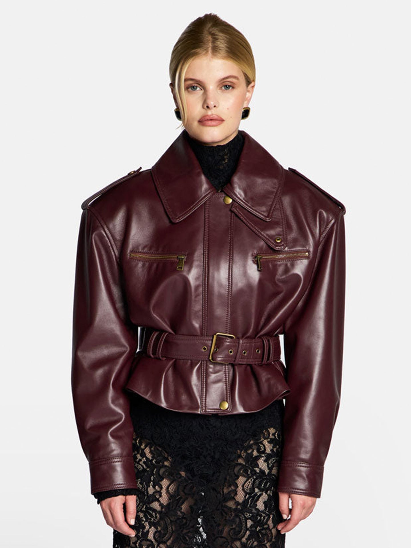 Belted Cropped Faux Leather Jacket