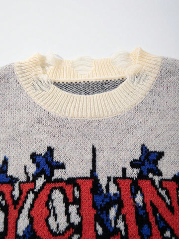 Distressed Graphic Oversized Knit Sweater