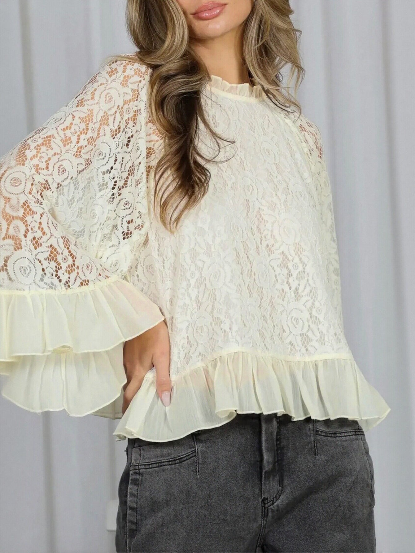 Elegant Lace Ruffle Sleeve Blouse