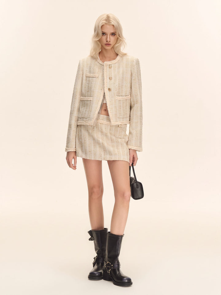Elegant Metallic Tweed Cropped Jacket