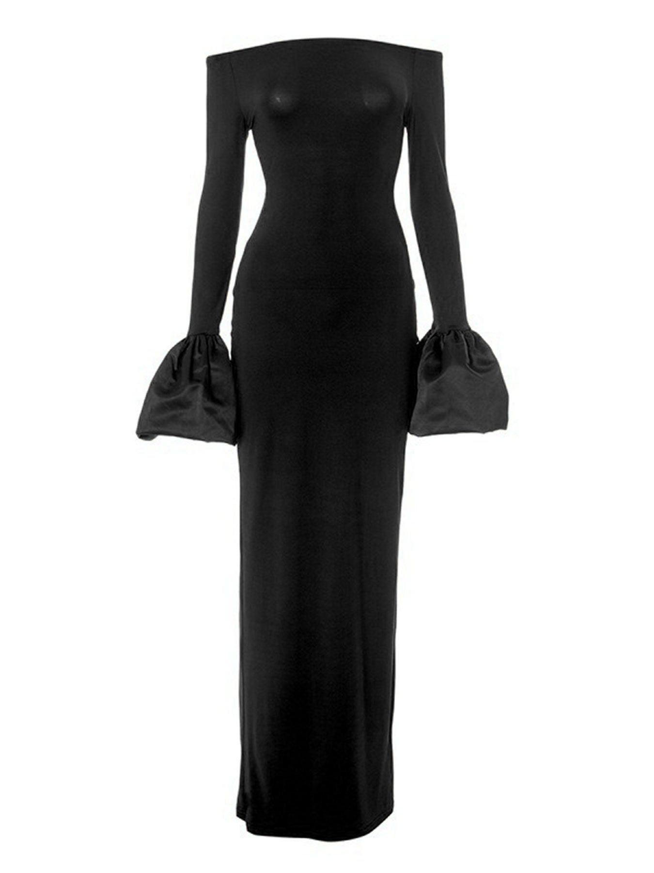 Off-Shoulder Puff-Sleeve Evening Maxi Dress-Black