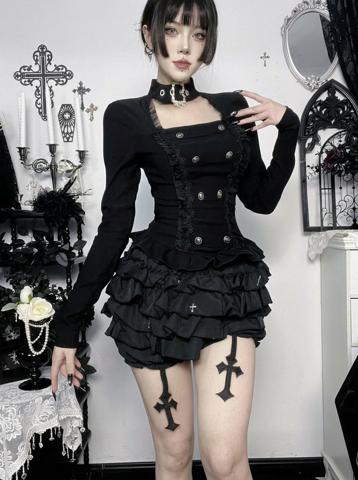 Gothic Ruffle Trim Long Sleeve Blouse
