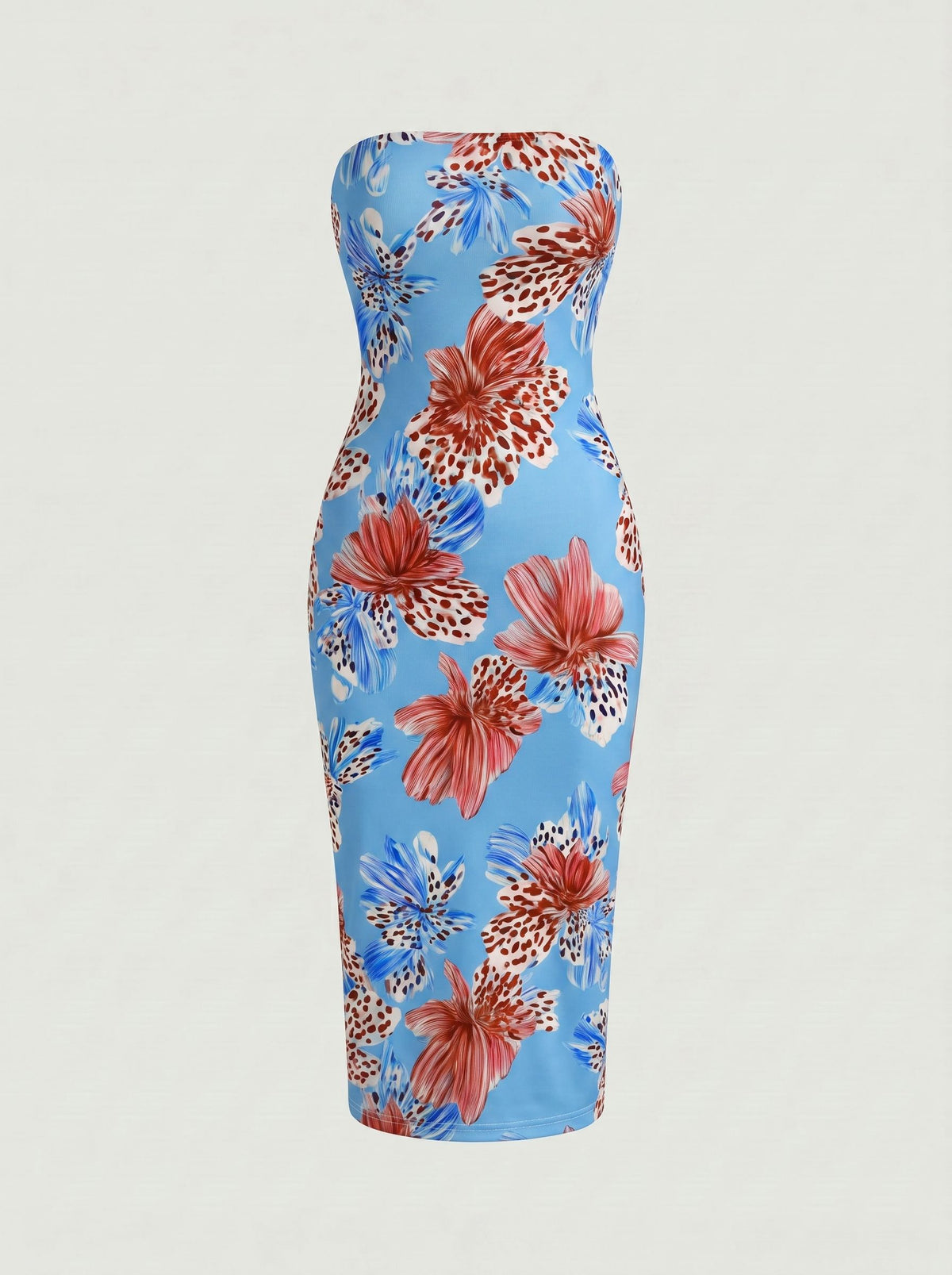 MAIA Tropical Hibiscus Print Strapless Sheath Midi Dress