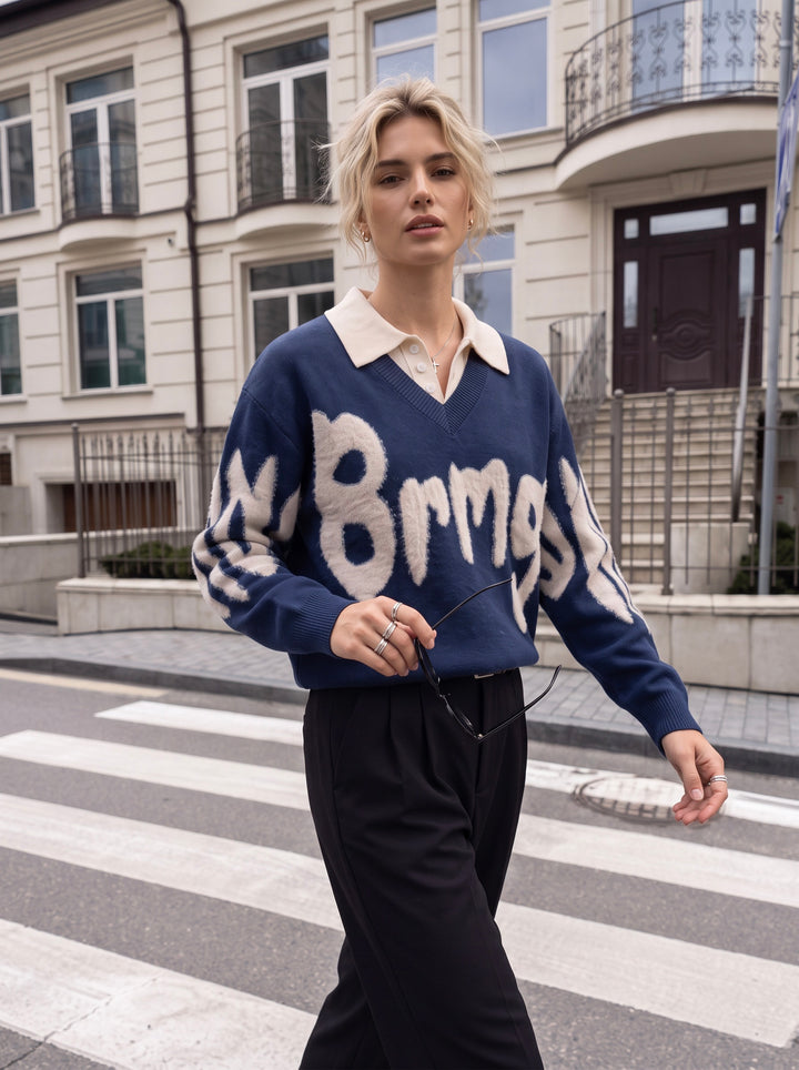 Oversized Graphic Collared Knit Pullover
