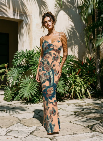 KIRA Floral Print Spaghetti Strap Bodycon Maxi Dress