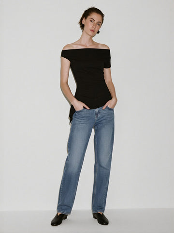 Urban Revivo Asymmetric V-Neck Ruched Shirts-Black