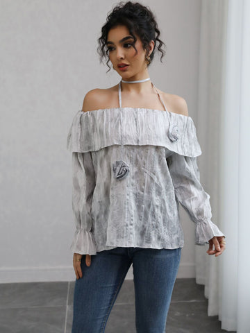 Off-the-Shoulder Ruffled Rose-Embellished Chic Blouse-Gray