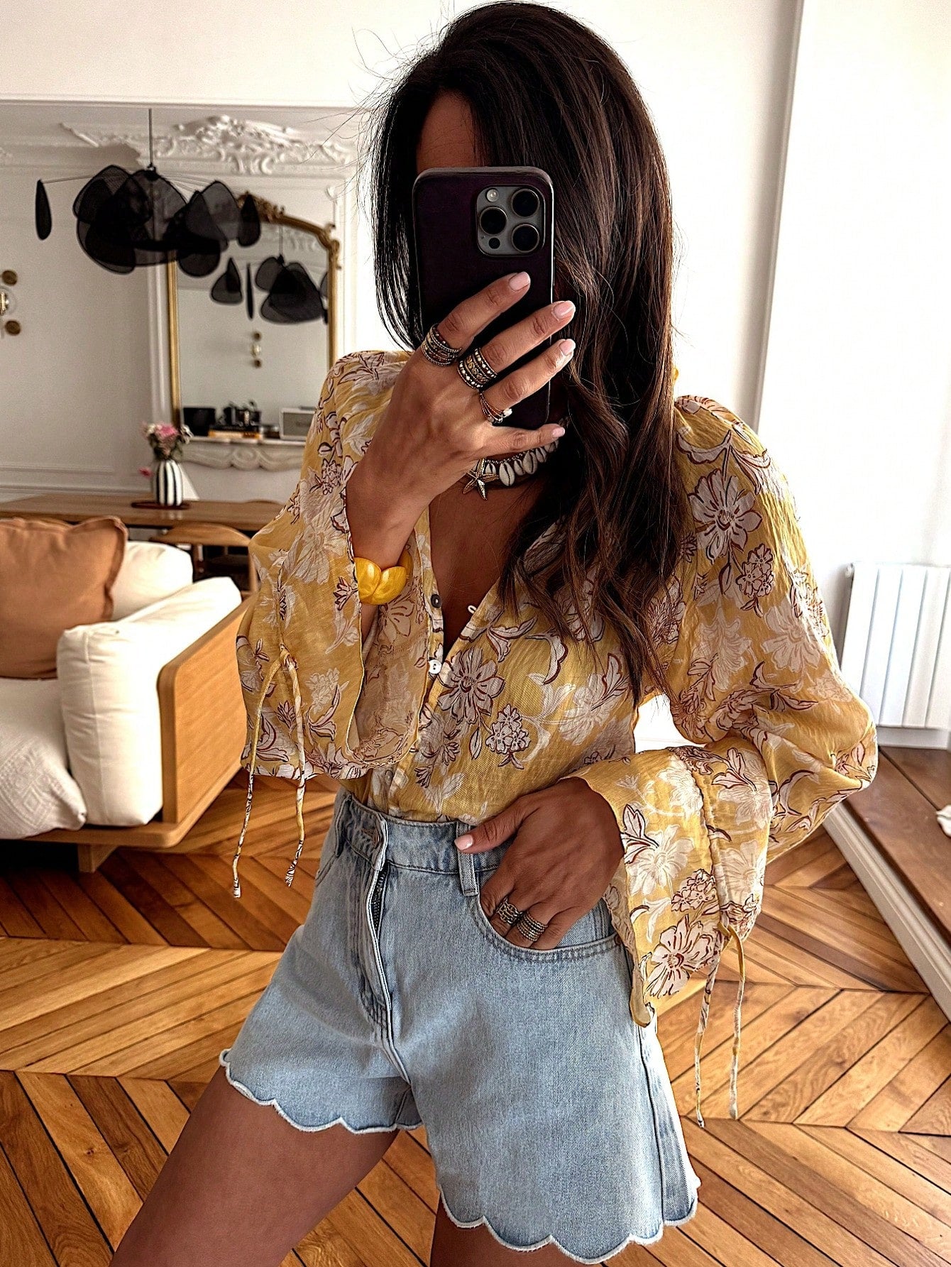 Floral Print V Neck Drawstrin Detail Bohemian Blouse-Yellow