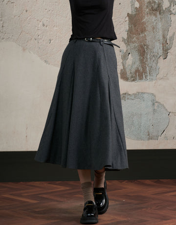High Waisted Pleated Wool Midi Skirt