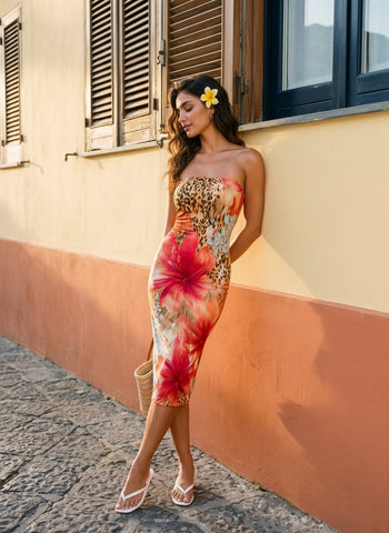 MAIA Tropical Hibiscus Leopard Print Strapless Sheath Midi Dress