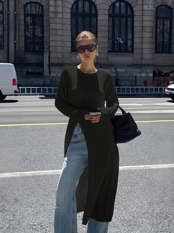 Ribbed Slit Hem Knit Sweater Dress