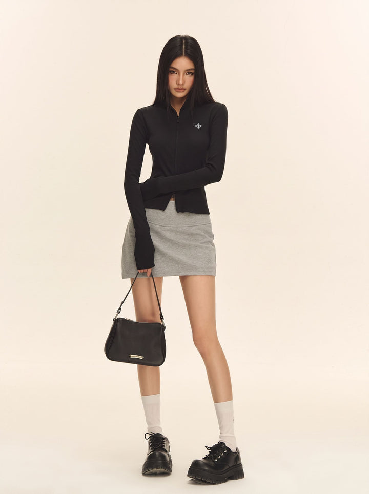 Slim Fit Zip Up Ribbed Top