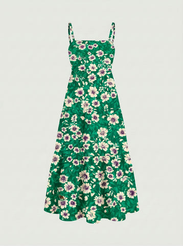 FLORA Floral Print Tiered Strap Midi Dress