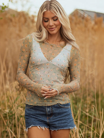 Sheer Floral Lettuce Edge Tee