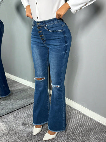 Distressed High-Waisted Flare Jeans-Dark Blue
