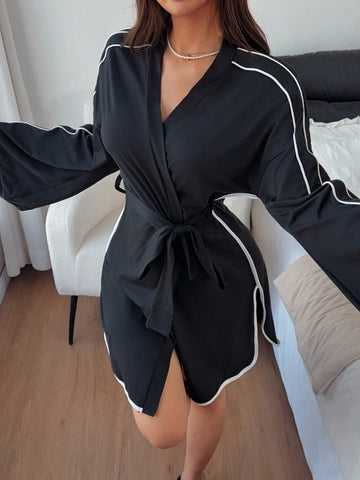 Silky Contrast Trim Wrap Robe