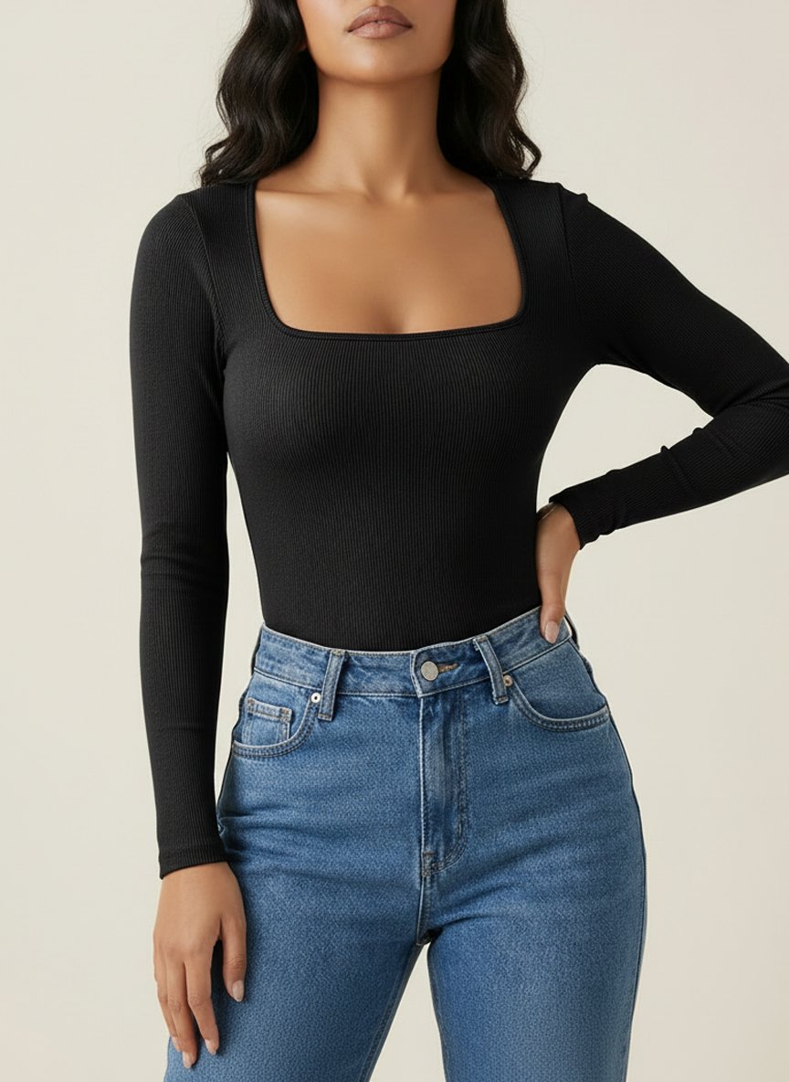Square-Neck Long Sleeves Fitted Sexy Romper