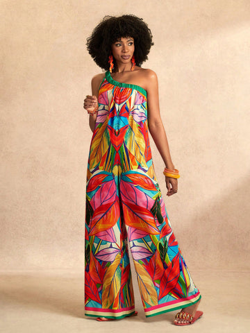 Tropical One Shoulder Wide Leg Jumpsuit