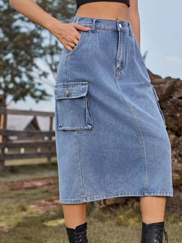 High Waisted Cargo Denim Midi Skirt