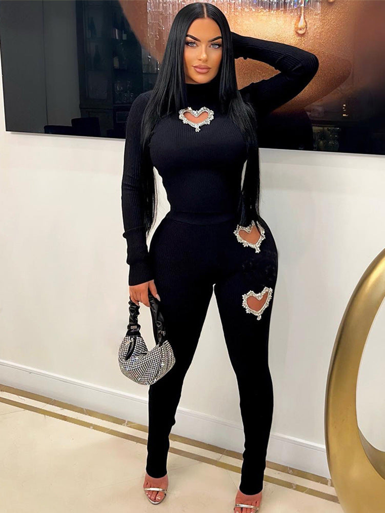 Rhinestone Heart Ribbed Pants Set