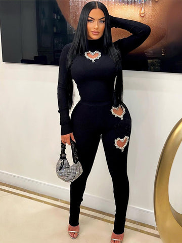 Rhinestone Heart Ribbed Pants Set