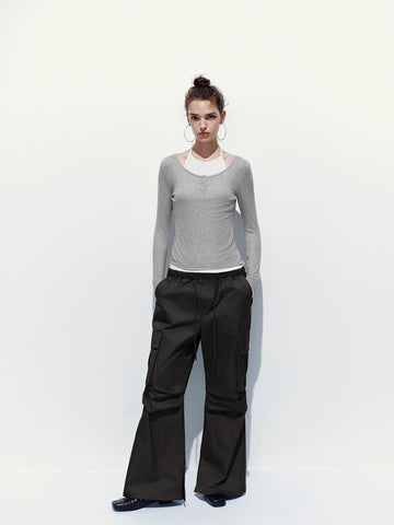 Urban Revivo Drawstring Cargo Flare Pants-Dark Gray