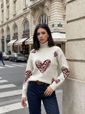 Cozy Heart Print Turtleneck Sweater