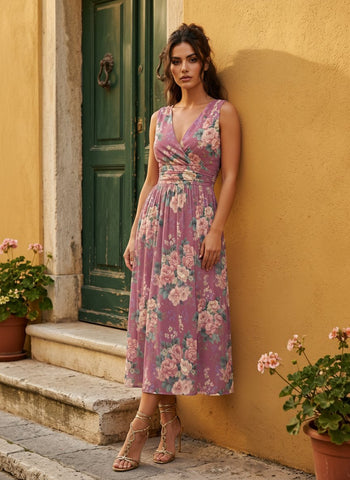 CORINNE
Floral Print V Neck A Line Midi Dress