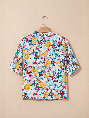 Floral Print Split Neck Chiffon Blouse