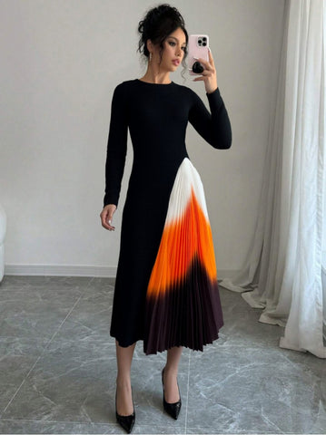 Ribbed Colorblock Pleated Midi Dress