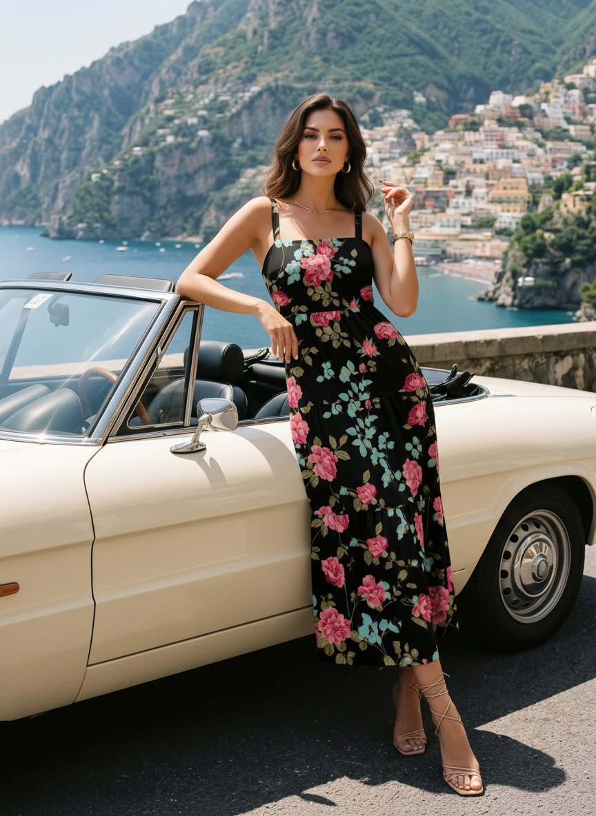 FLORA Floral Print Tiered Strap Midi Dress