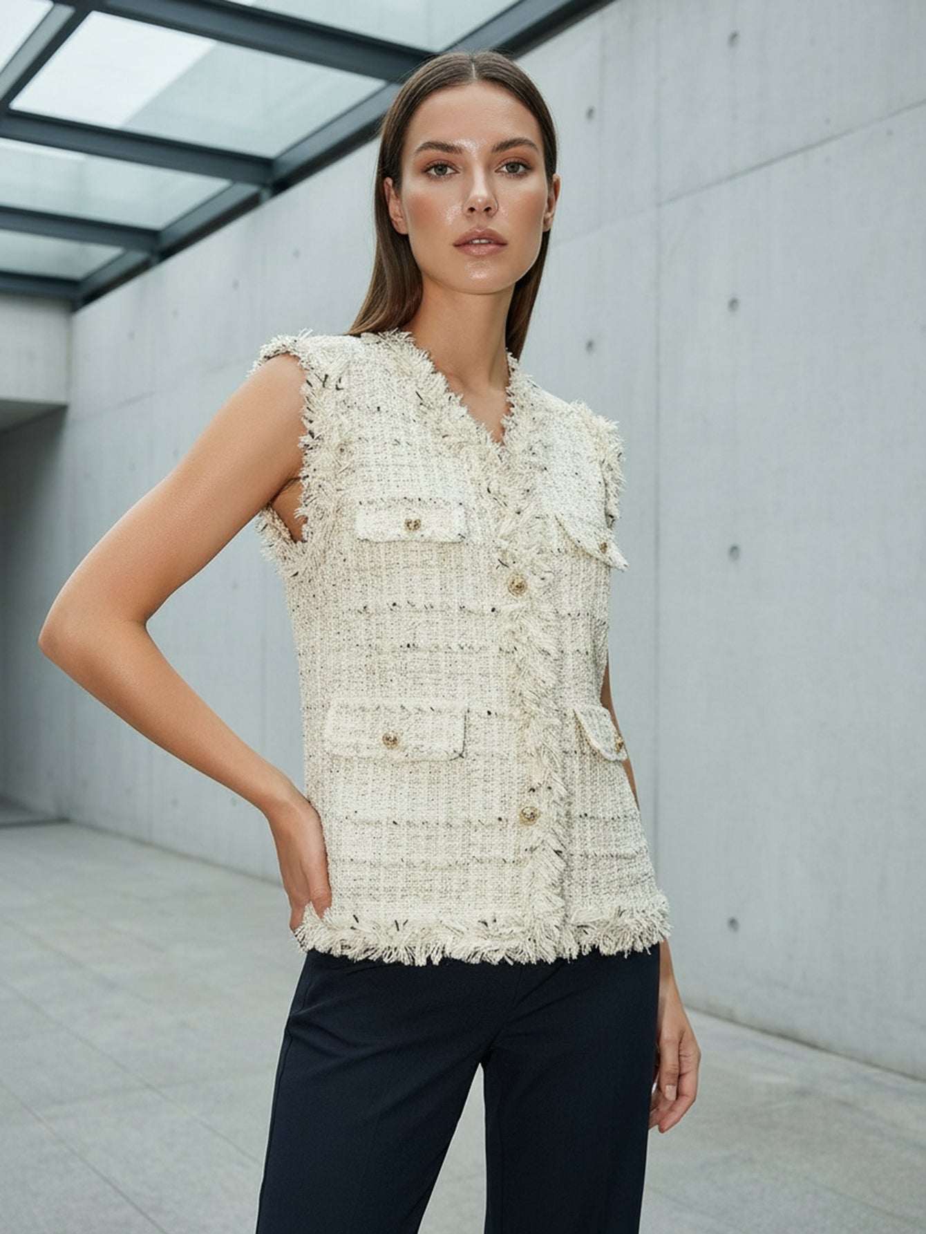 Urban Revivo V-Neck Flap Pocket Raw Hem Tweed Vests-Off White