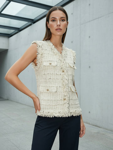 Urban Revivo V-Neck Flap Pocket Raw Hem Tweed Vests-Off White