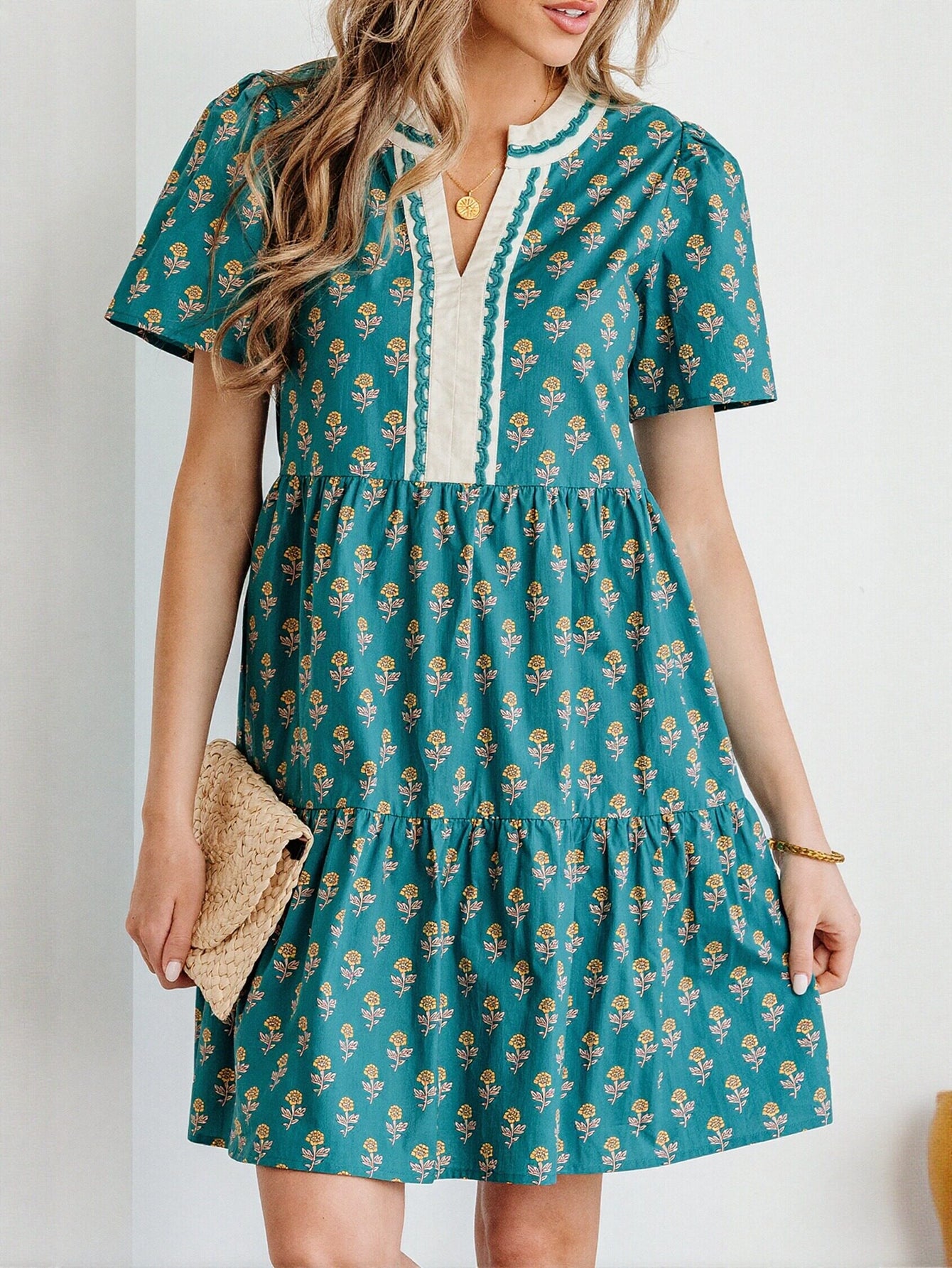 Floral V Neck Mini Dress