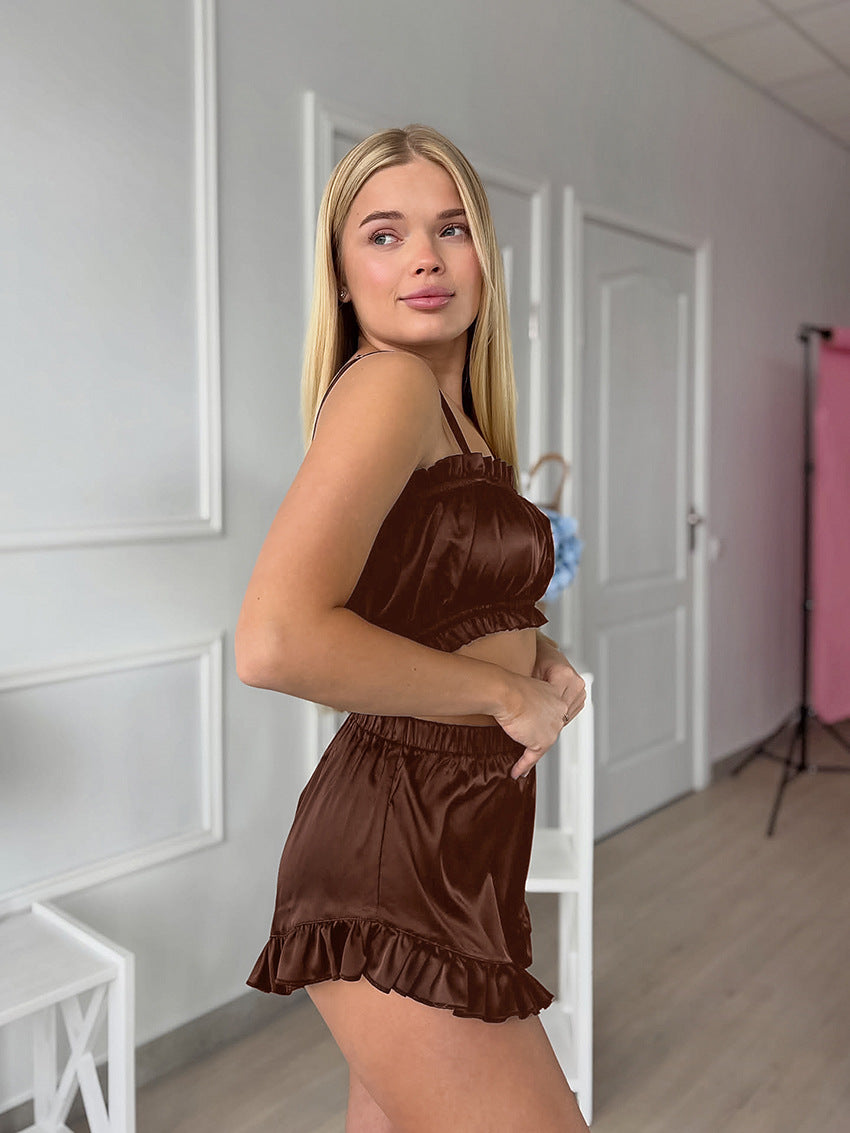 Silky Ruffled Three Piece Pajama Set
