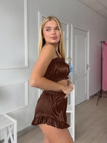 Silky Ruffled Three Piece Pajama Set