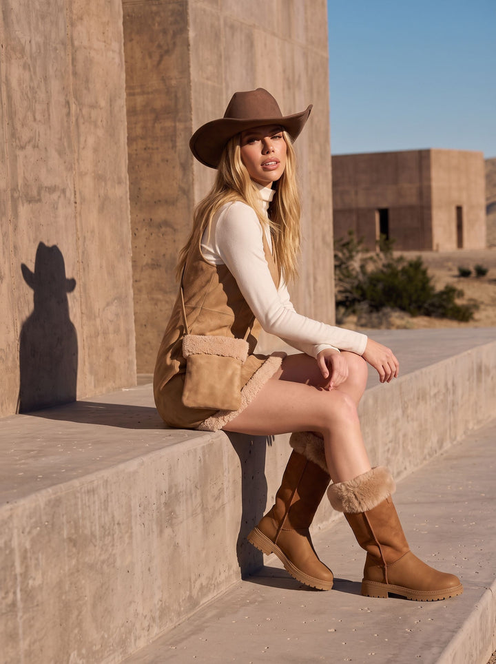 Faux Suede Sherpa Trim Dress