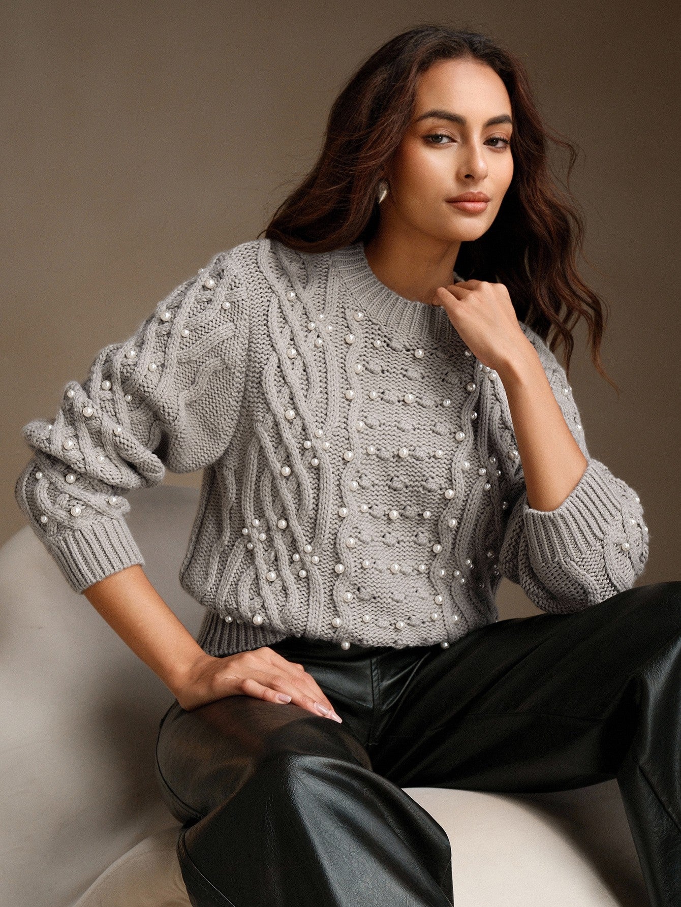 Beaded Cable Knit Pullover Sweater