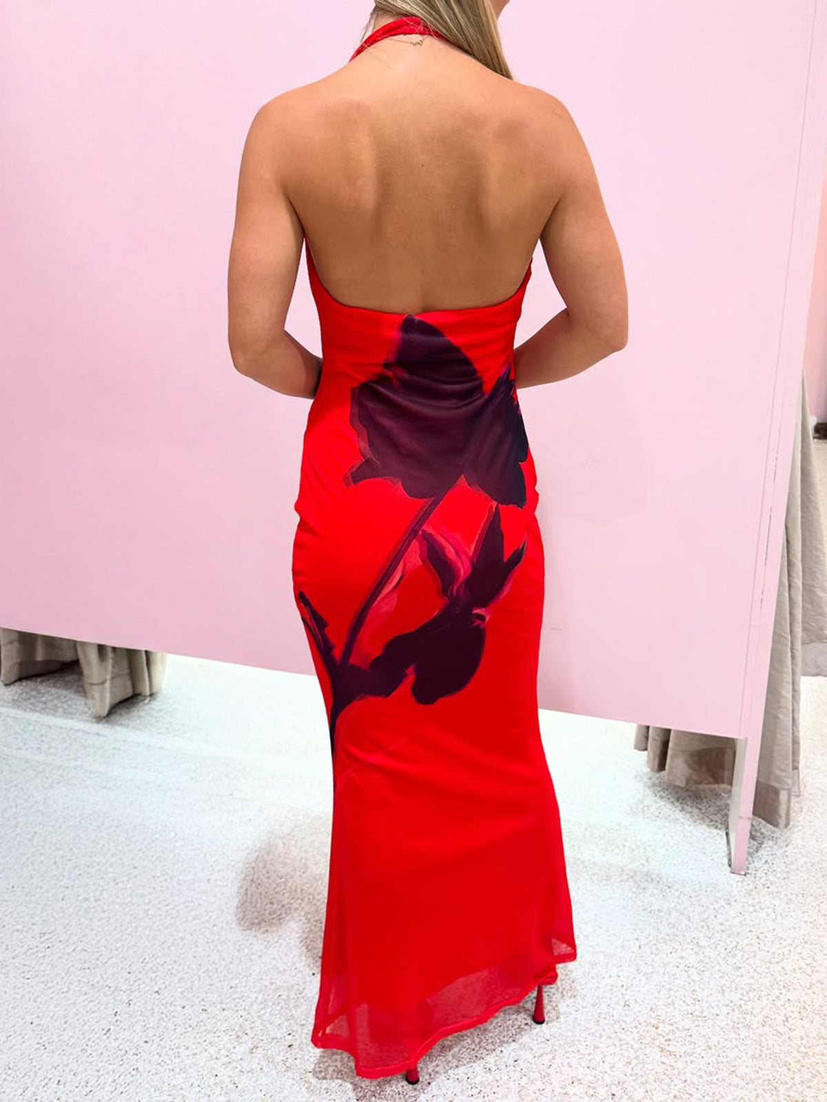 Satin Halter Floral Maxi Dress