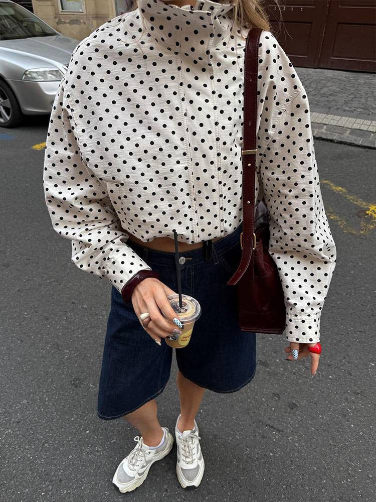 Polka Dot Cropped Drawstring Jacket