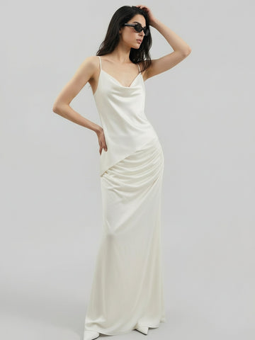 SAÏA Draped Mermaid-Hem Elegant Midi Skirt-White