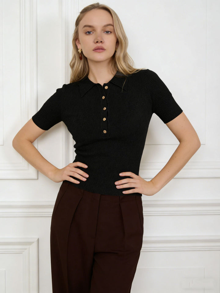 Ribbed Collared Button Front Knit Sweater