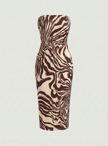 MAIA Floral Print Strapless Sheath Midi Dress