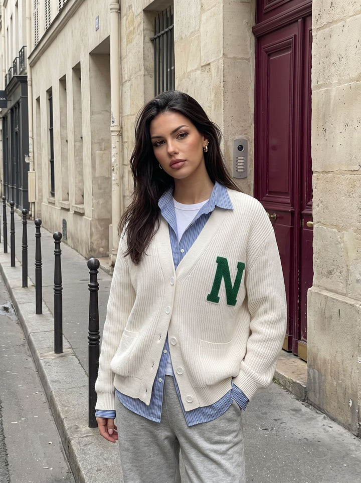 Oversized Letter Patch Ribbed Cardigan