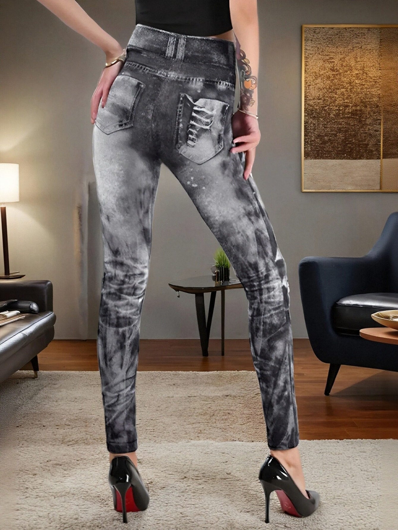 Distressed Denim-Print High-Waisted Stretchy Yoga Leggings-Black