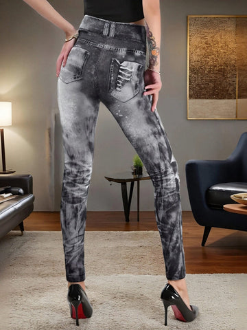Distressed Denim-Print High-Waisted Stretchy Yoga Leggings-Black