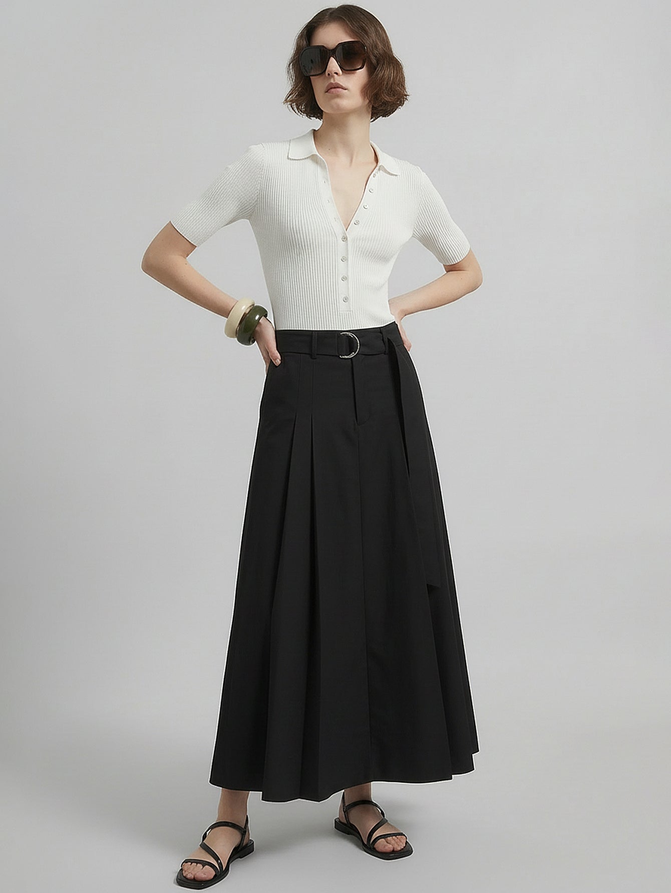 MO&Co. Belted A-line Pleated Skirt
