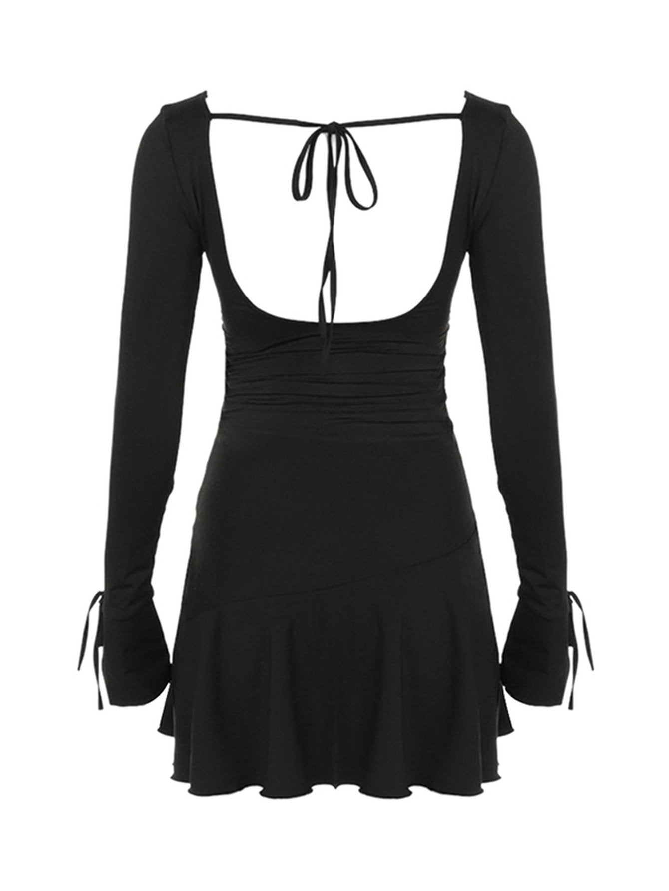 Deep-V Tie-Sleeve Party Mini Dress-Black