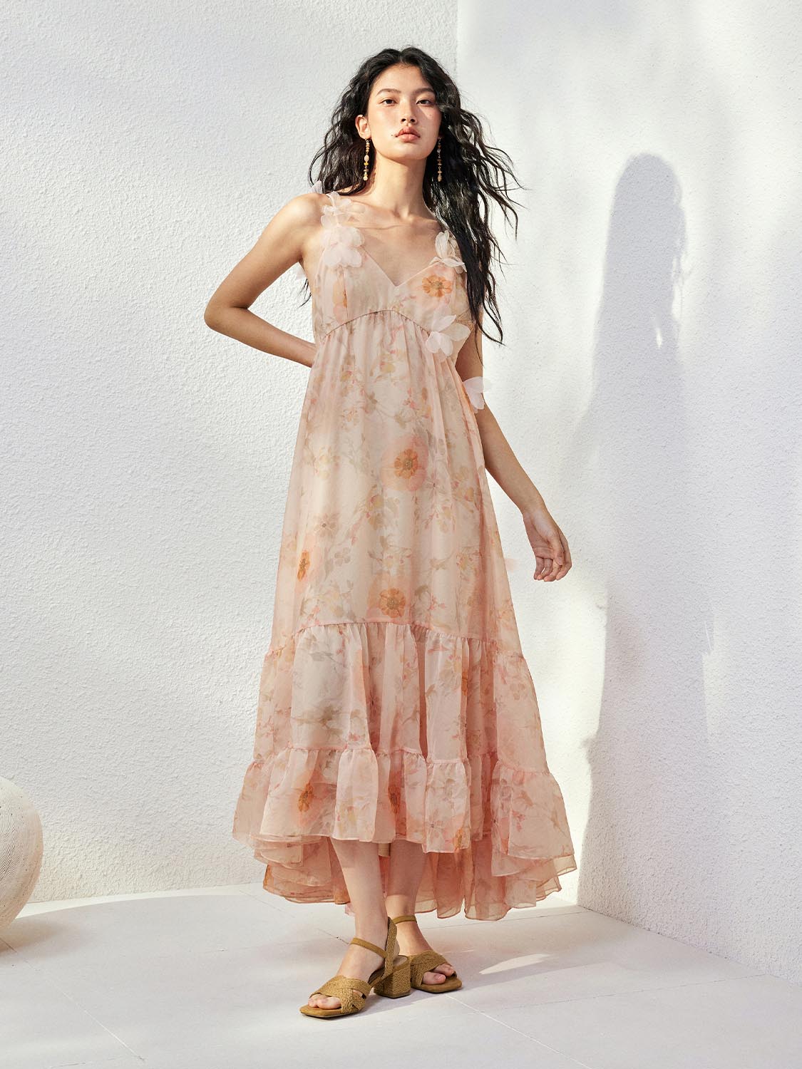 Urban Revivo Floral Decor A-Line Maxi Dresses-Pinky Orange Print