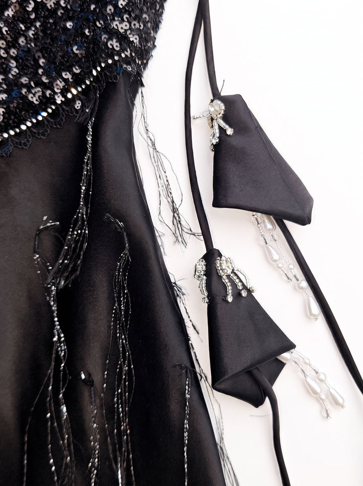 Embellished Satin V Neck Maxi Dress